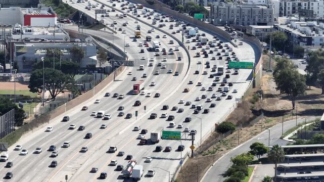 Traffic Moves Slowly along 405 freeway in Los Angeles, Aerial View