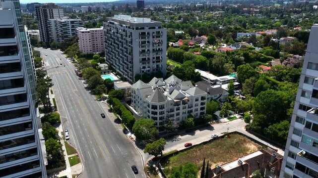Drone diving in middle of high-rise condos on Wilshire Boulevard, Los Angeles