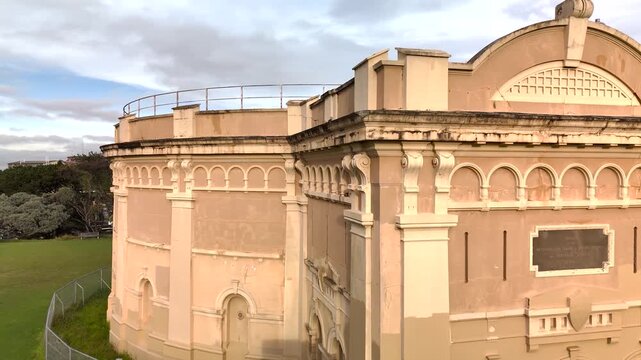 Waverley Reservoir is an ornately decorated early twentieth century water tank in eastern suburbs of Sydney, Australia near Bondi Beach. Camera orbits building in CW direction.