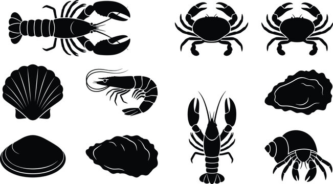Set of seafood vector silhouettes including lobster, crab, shrimp, and seashells for restaurant menu design