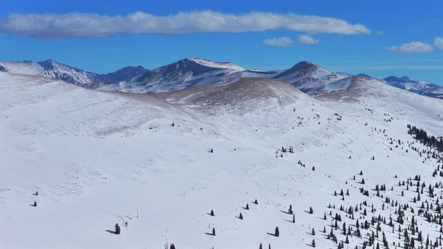 Winter Vail Pass sunny blue sky trails Ptarmigan Hill aerial drone Colorado Rockies backcountry Avalanche bowl open ski glades snow-covered rugged peaks nature landmark landscape circle right