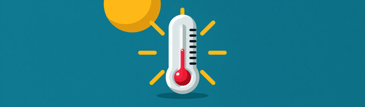 Temperature Check: A thermometer under a bright sun shows a high reading, symbolizing hot weather and the need for caution.