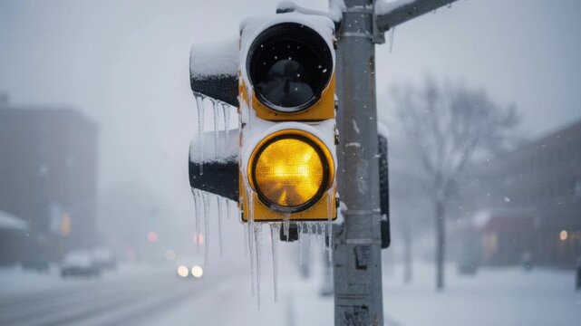 Yellow traffic light with icicles during snowy winter day in urban street with blurred background