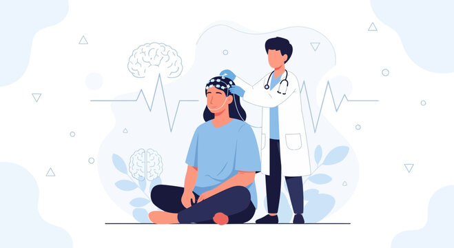 Doctor Performing EEG Test on Patient with Brainwave Monitoring, Medical Healthcare Concept