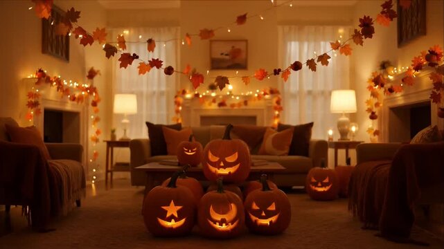 Cozy halloween living room pumpkin lantern autumn leaf garland warm light glowing jack candle lantern home decor celebration night festive family room decoration warm orange glow autumn cozy living