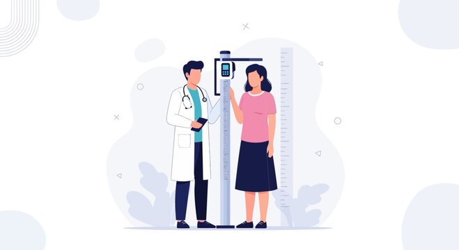 Doctor measuring patient's height with stadiometer, medical check-up, flat illustration style