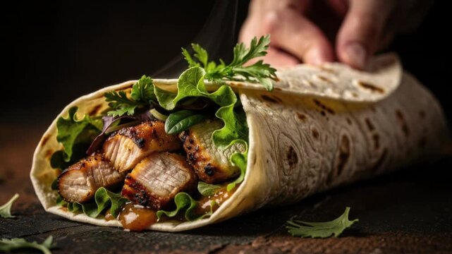 Delicious grilled chicken wrap with fresh lettuce and herbs in a soft tortilla roll