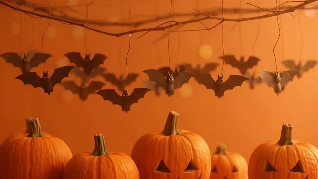 Halloween pumpkin bat decoration orange background autumn holiday spooky hanging jack o lantern branch glow celebration atmosphere night eerie fun playful whimsical light bokeh festive mood spooky