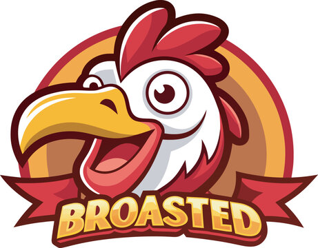 Illustration of cartoon chicken mascot head smiling isolated on circular orange background for brand design.