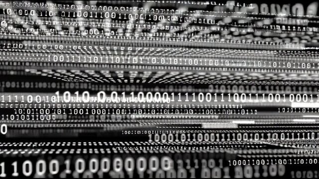 Binary code data stream flows rapidly.