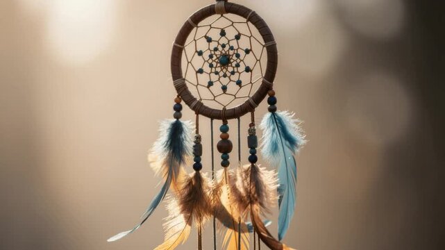 Close up of traditional dreamcatcher with feathers and beads in soft natural light