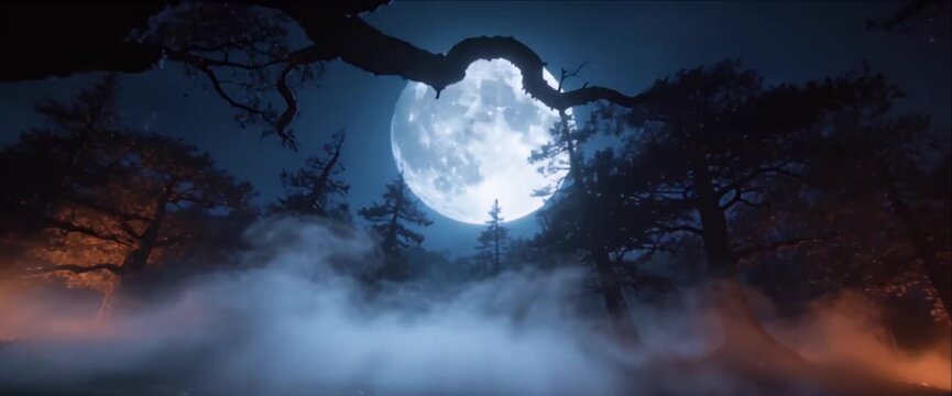 Spooky halloween full moon forest night fog dark tree silhouette mysterious landscape fantasy background nature horror atmosphere dark sky shadow eerie branch silhouette mystic background