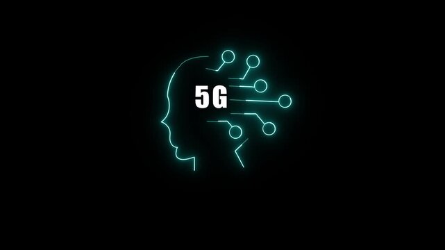 5 g network technology concept with glowing digital human head and circuitry animation connectivity