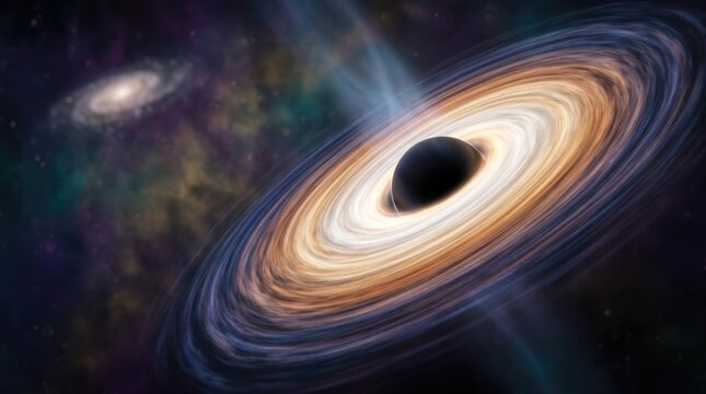 Black hole, a supermassive cosmic phenomenon demonstrating immense gravitational pull, pulling glowing matter into its accretion disk, visualizing singularity event horizon.
