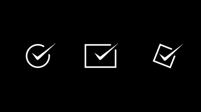 Animated checkmark set: minimalist white symbols on black background, for ui and, task completion tick