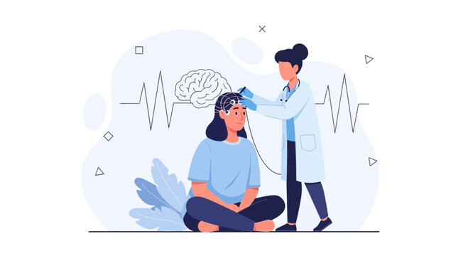 Doctor performs EEG on patient, symbolizing neurological examination and brain health assessment