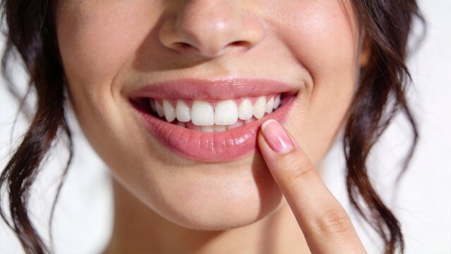 Close up of beautiful woman smiling with perfect white teeth, touching lips with finger, healthy dental care concept, cosmetic dentistry, beauty and hygiene, bright natural smile