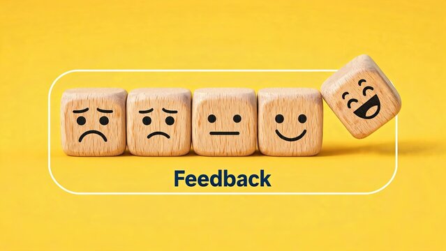 Wooden dice blocks displaying happy and sad emoji faces representing customer feedback and satisfaction rating scale