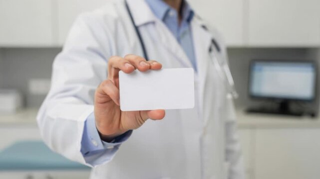 Doctor holding blank business card in medical office healthcare professional with stethoscope
