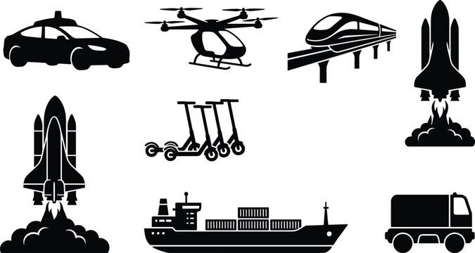 Future transportation and logistics icon set featuring autonomous car passenger drone maglev train rocket cargo ship and electric scooters