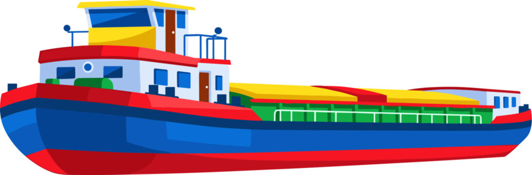 Blue and red cargo barge ship isolated on transparent background