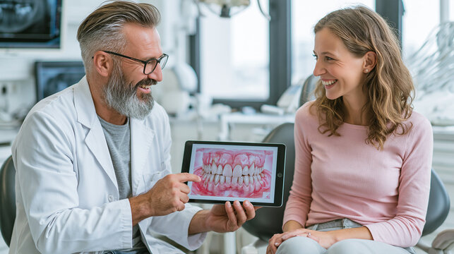 Dental Consultation: A friendly dentist with glasses and a white coat shows a dental X-ray on a tablet to a smiling female patient, discussing treatment in a modern dental clinic.