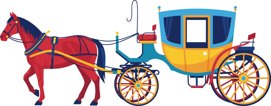 Classic horse drawn carriage with brown horse walking for historical transport graphics