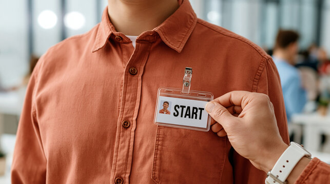 New Beginning: A hand places a START badge on a person's shirt, signifying a new chapter, opportunity, or the beginning of a journey.