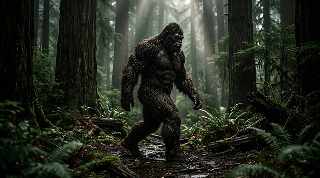 Large hairy bigfoot walking through a dense foggy forest
