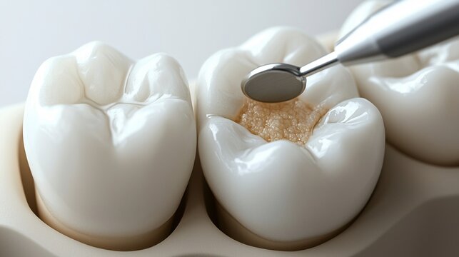 Dental Mirror Inspecting Tooth Decay and Caries on a White Prosthetic Model for Stomatology Training