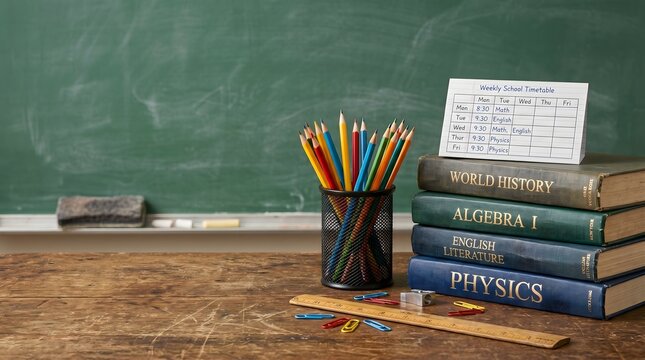 School Supplies and Textbooks on Desk with Chalkboard Background