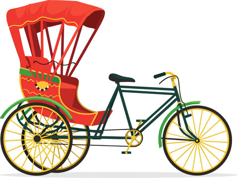 Traditional green and red cycle rickshaw parked on a transparent background