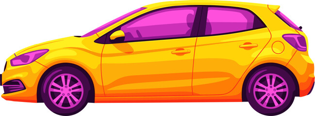 Naklejka premium Yellow hatchback car with pink windows and purple wheels isolated on transparent background