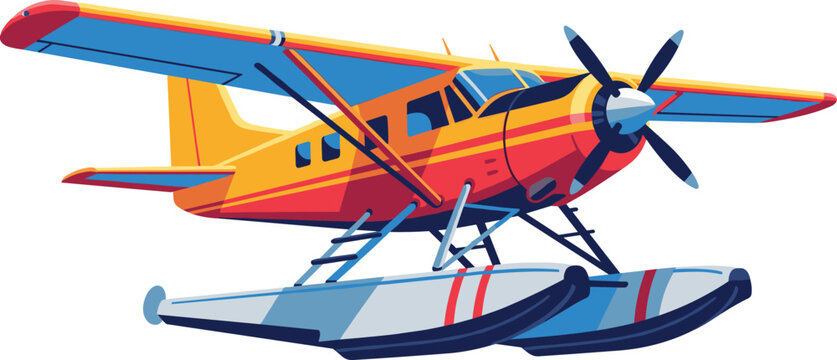 Yellow and red seaplane floatplane flying isolated on transparent background