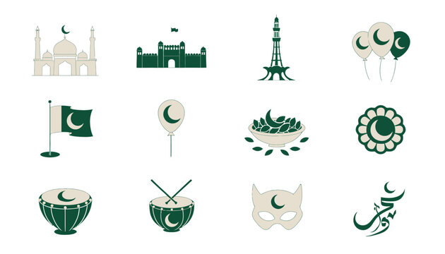 Pakistan independence day decorative icons and symbols set with pakistan