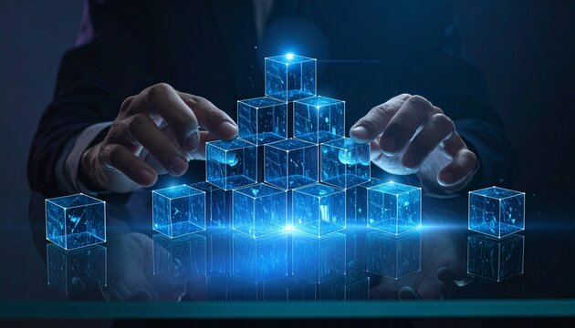 Futuristic glowing cubes pyramid technology