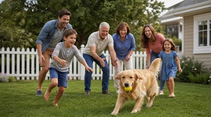 Fototapeta premium Multigenerational Family Playing with Golden Retriever in Backyard