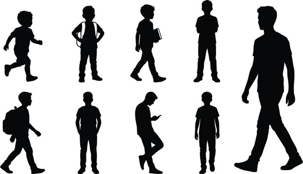 School Boys Silhouette Collection with Students Walking Standing Running and Learning
