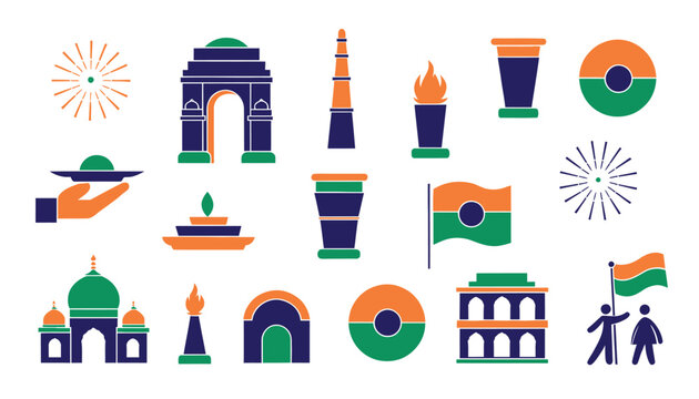 Set of indian cultural and historical icons for independence day with heritage