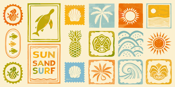Tropical Beach Theme Illustrations Retro Style Vector Graphics