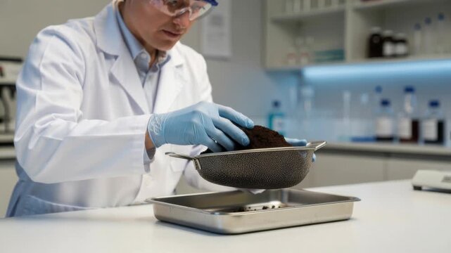 Scientist in lab coat examining soil sample with sieve in modern laboratory setting