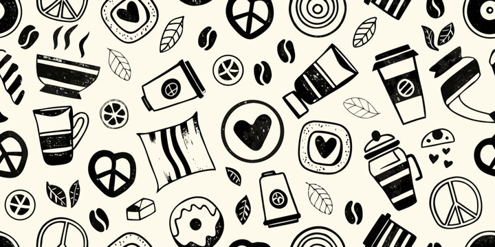 Coffee themed pattern with beans cups and peace symbols in black ink
