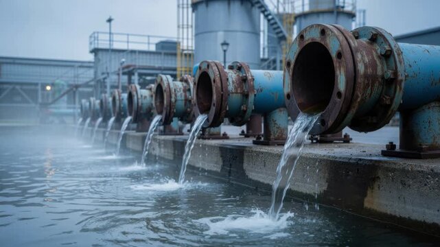 Industrial water treatment plant with multiple pipes discharging water into a large pool during cloudy weather
