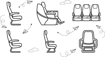 Airplane seat vector icon set with commercial economy class rows business first armchair line art elements © Sabbir Studio