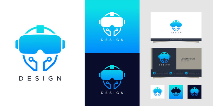 A modern virtual reality headset logo design with integrated circuit board elements and accompanying business card mockups, presented in various color schemes and applications.