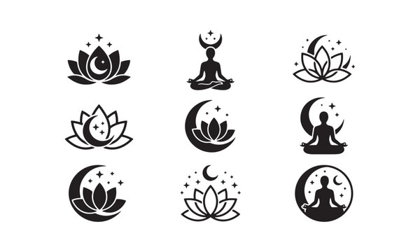 Minimalist lotus with crescent moon silhouette collection, modern skincare and wellness logo assets