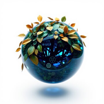 Sphere combines nature, technology. Leaves surround digital display, gears visible within glowing blue matrix. Futuristic concept.