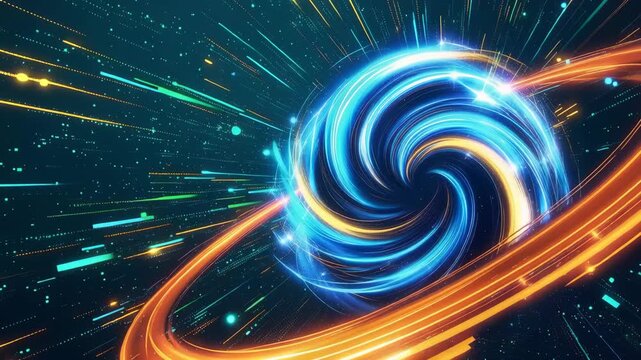 Abstract cosmic background with a glowing blue spiral vortex and orange light rings in deep space 4k video