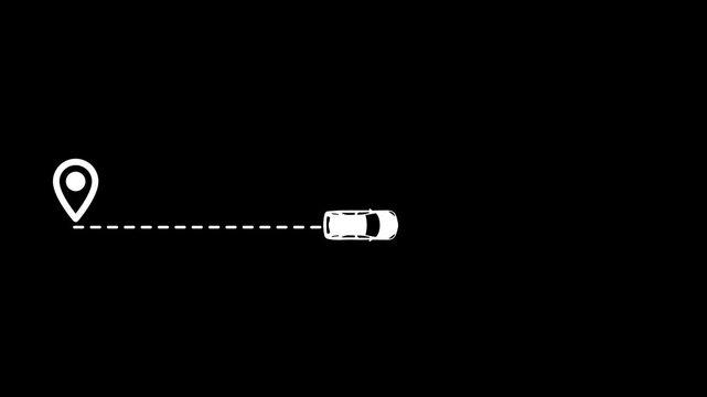Car driving on a dashed line path passing through multiple white location pins on transparent background, navigation concept