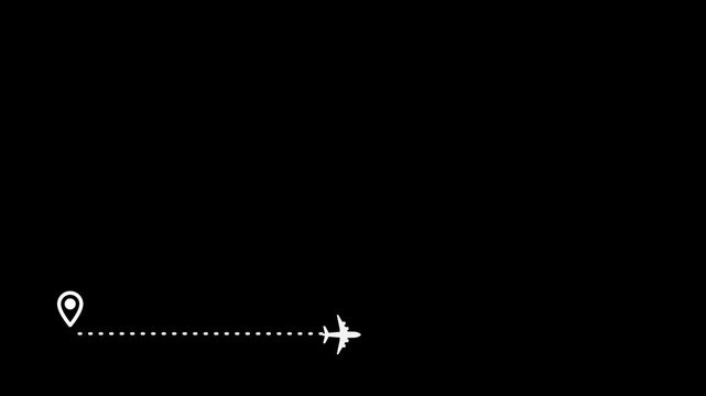 Direct Airplane Flight Route to white Destination Pin. Airplane line path animation, Travel on airplane location map, Traveling airplane from one location to another location track.